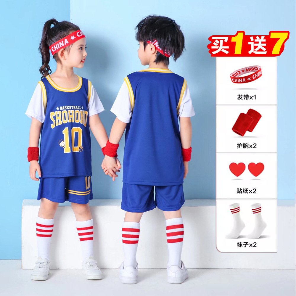 Trajes de baloncesto infantil falsificados al por mayor de dos piezas trajes deportivos fitness de manga corta logotipo de primavera y verano transpirable secado rápido