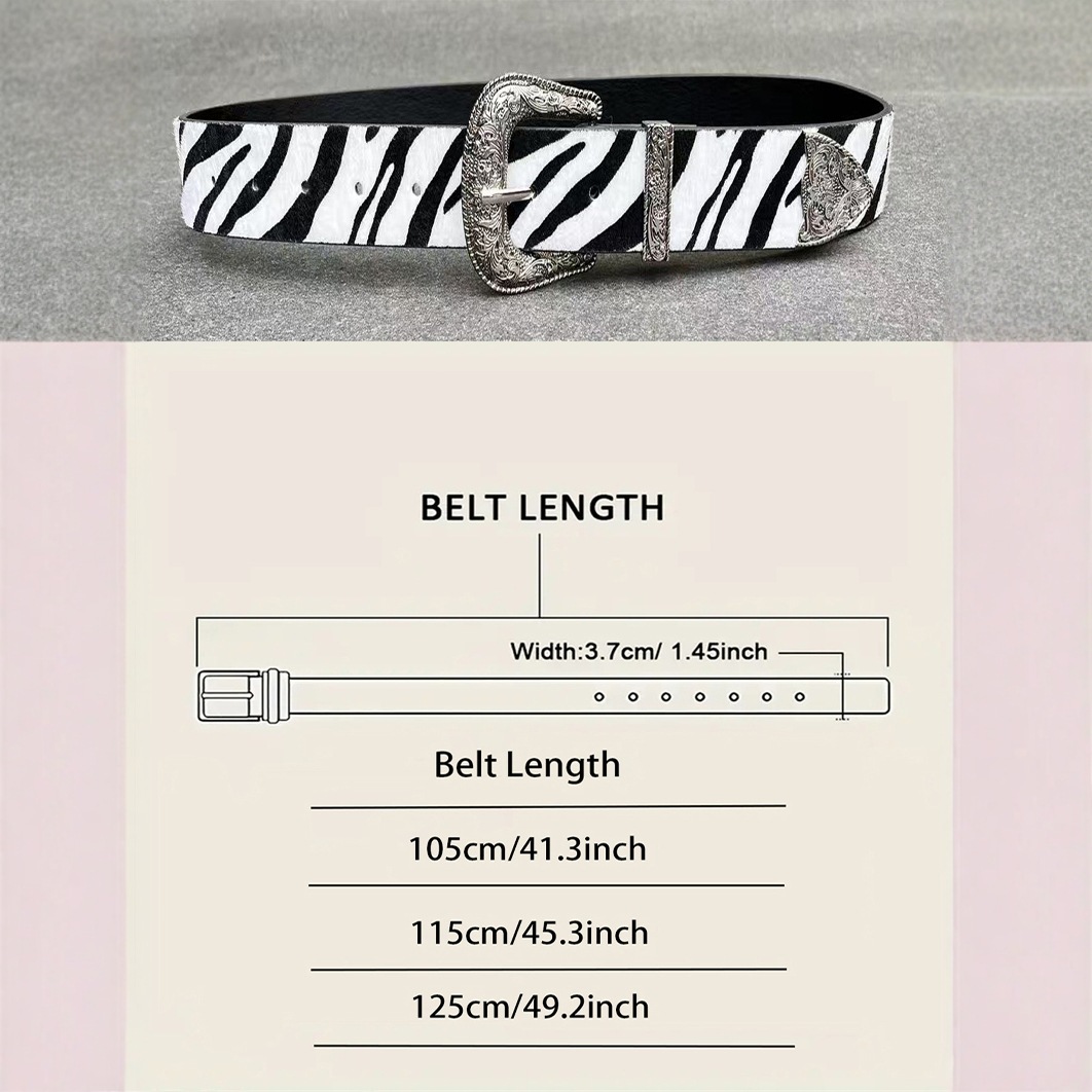 Cinturón vaquero occidental con hebilla floral grabada, juego de tres piezas, diseño de crin de caballo con estampado de cebra, moderno y original.