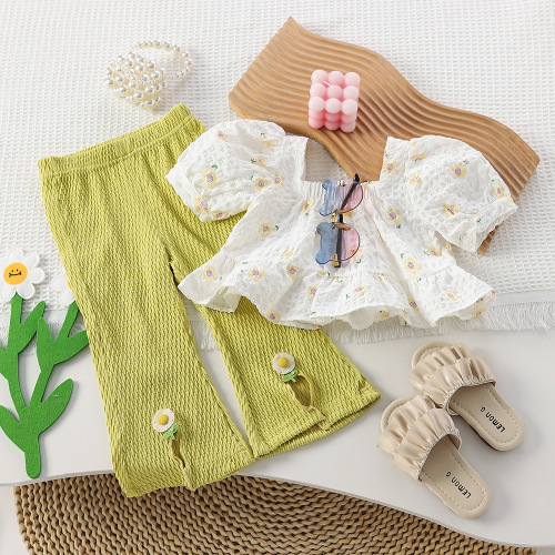 Korean Children's Summer  New Girl's Set Fashion Lace Top and Belted Wide Leg Pants Set