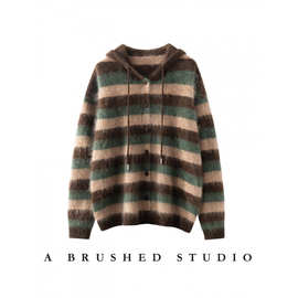 25年秋冬新款100山羊绒连帽针织开衫拼色条纹宽松拉毛羊绒衫外套