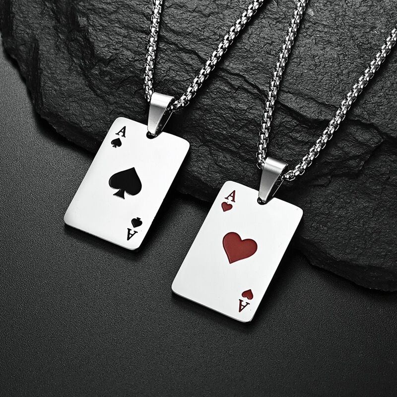 Lucky black peach necklace pendant Amazon personality red peach playing card pendant tide hanging titanium steel supply