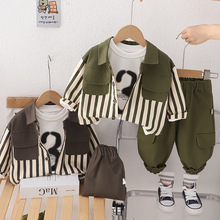 童套装三件套一件代发2024秋装新款拼色男童翻领长袖衬衣开衫童装