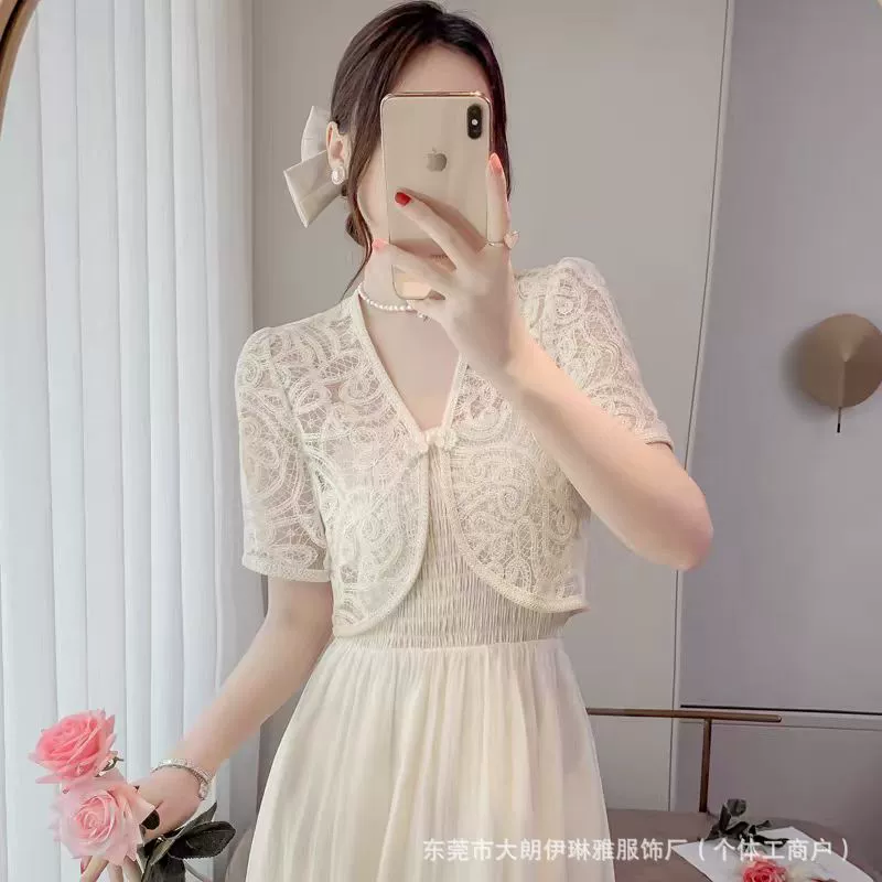 Женская кружевная шаль, лето 2024, новый стиль, новый китайский стиль, пряжка, крючок, цветок, вырез, с короткими рукавами, солнцезащитный кардиган, маленькая куртка