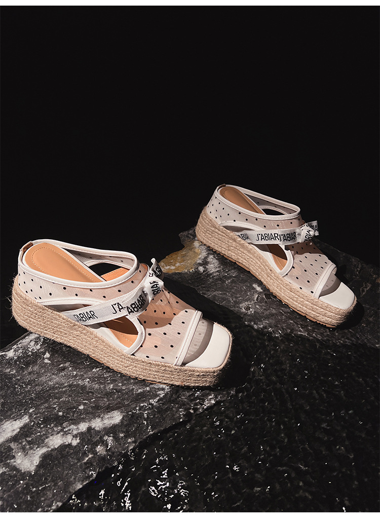 Sandal hở mũi nữ đế xuồng lưới chấm bi gót độn cao 2025 — Chấm bi trắng, Màu trắng chi tiết 18