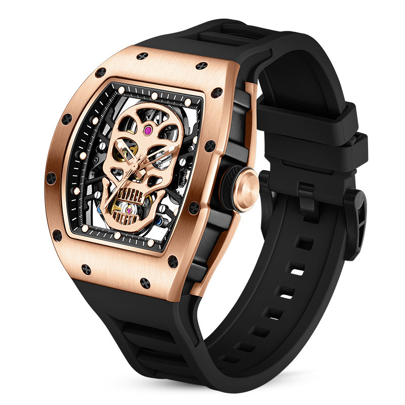 Barrel-shaped skull automatic mechanical watch for men, hollow-out design, unique punk style, silicone strap, waterproof, trendy wristwatch Barrel-shaped skull automatic mechanical watch for men, hollow-out design, unique punk style, silicone strap, waterproof, trendy wristwatch