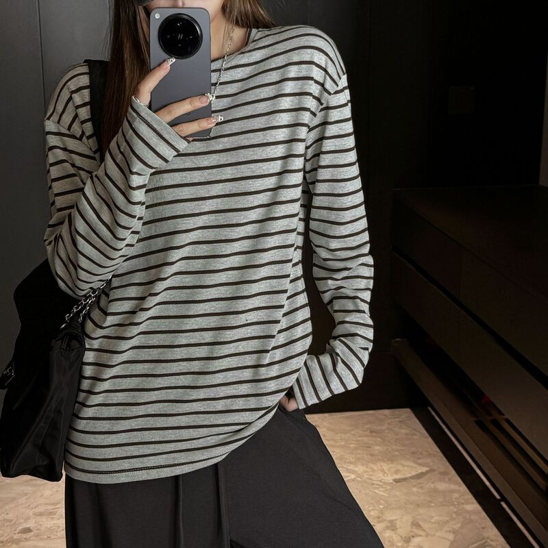 Carefully Selected Autumn and Winter Round Neck Stripesd Long-Sleeved T-Shirts for Women, Korean Style Lazy Versatile Tops, Loose Casual Bottoming Shirts