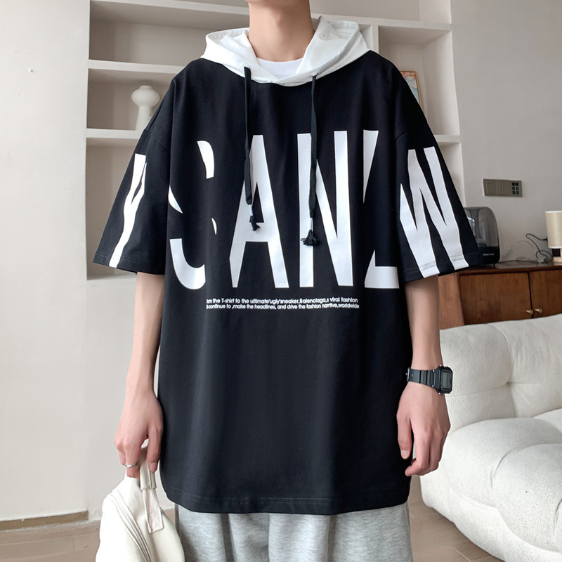 Camiseta de manga corta encapuchada de moda masculina de verano suelta ropa de estilo portugués marca de moda camiseta de manga media delgada de moda