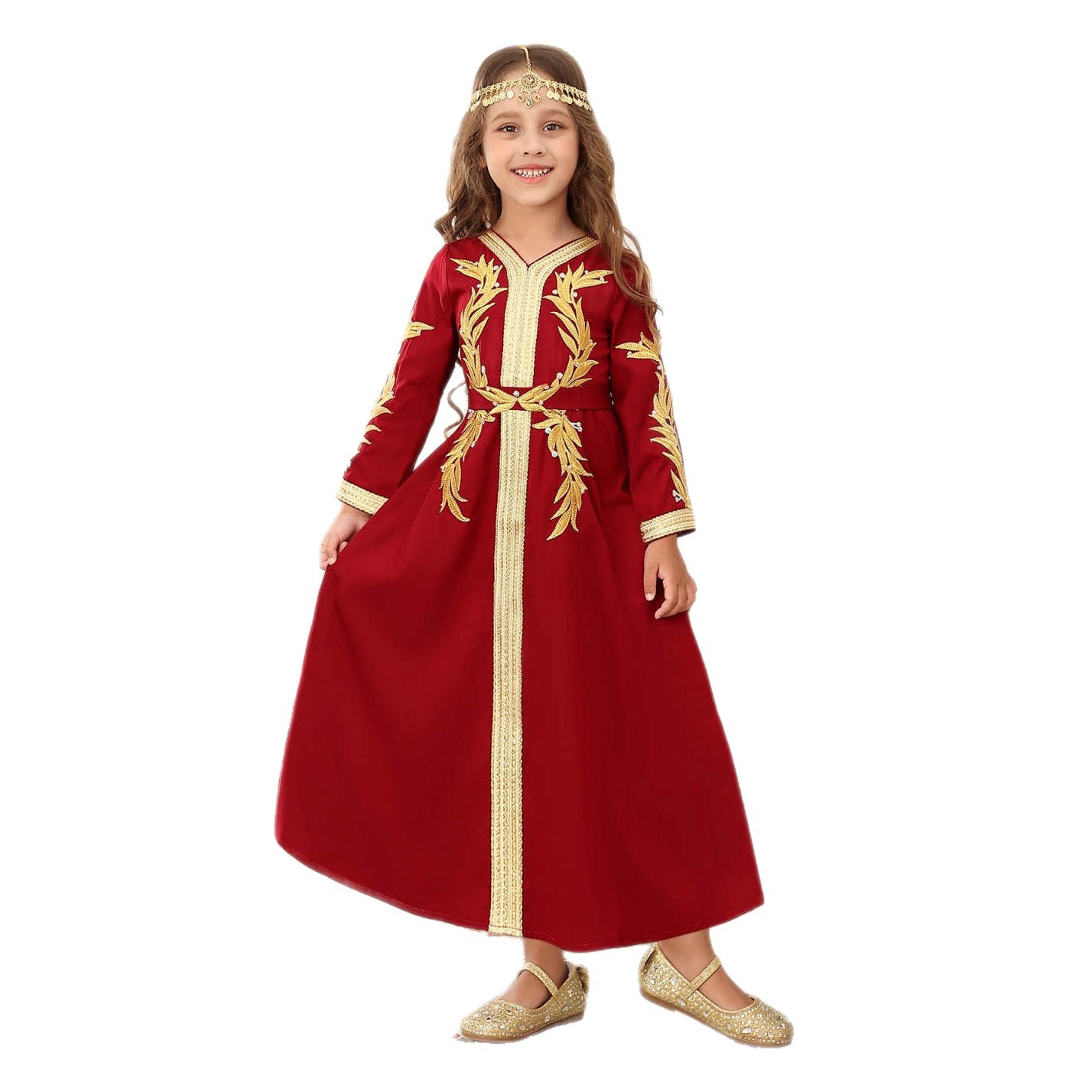 Girls' Turkish Lace Trim Dress Solid Color Children's Robe Toddler Clothing For Dubai Middle East (3-7Y)_voghion.com