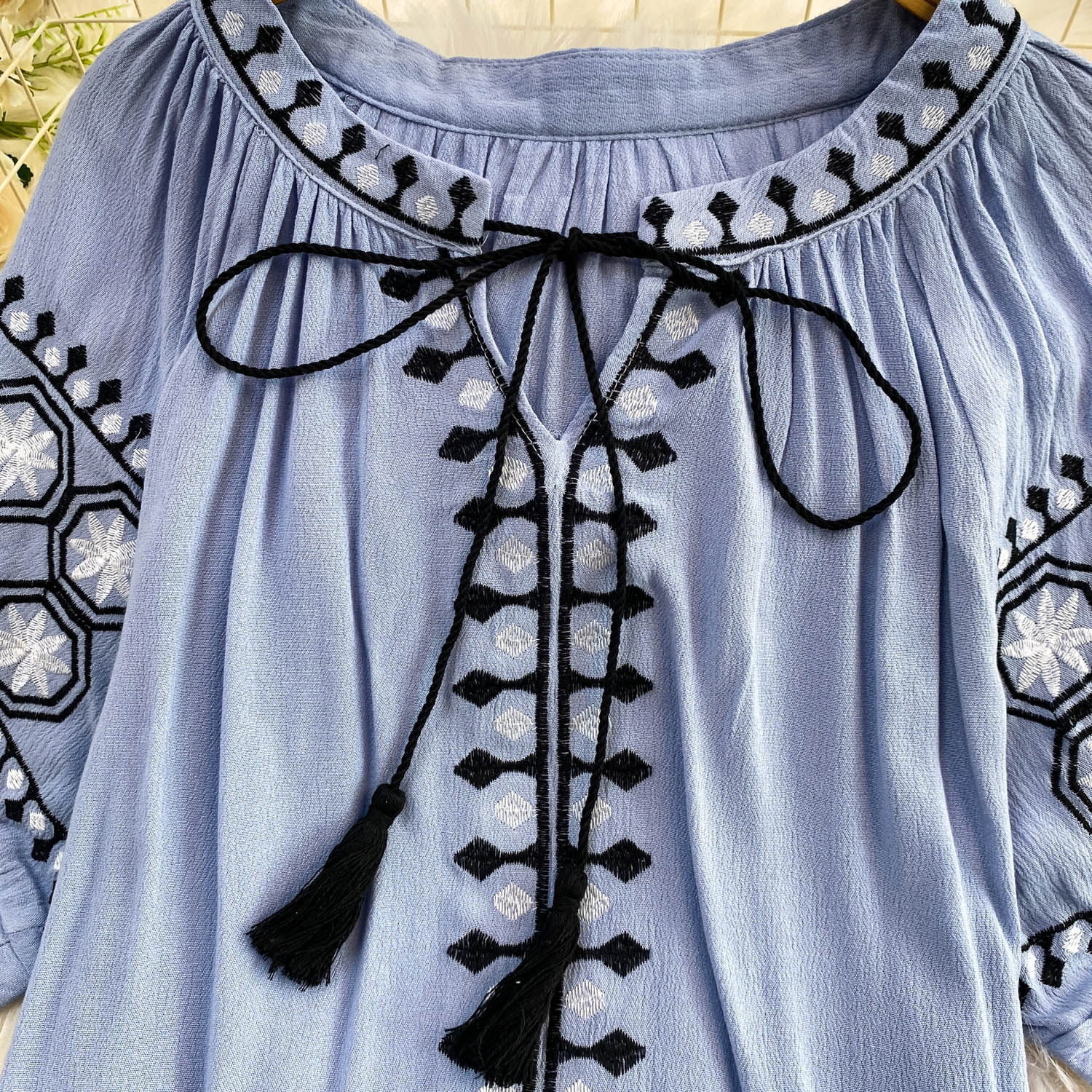 Women's Bohemian Style Sweet Embroidered Tie Neck Round Neck Mid Sleeve T-Shirt Summer Loose Fit Slimming Ethnic Retro Top_ecoleips.com