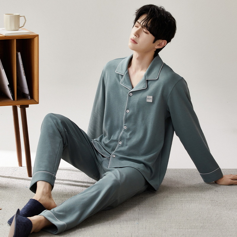 Pijama de algodón masculino de otoño cardigan de mangas largas pantalones largos primavera y otoño juveniles de tamaño grande con solapa set de ropa de casa