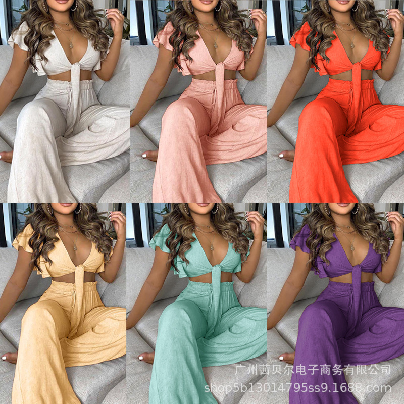 2021 European and American New Women's Deep V-Neck Casual T-Shirt and Pants Set Lzz2545, Fashionable and Versatile with a Stylish Temperament