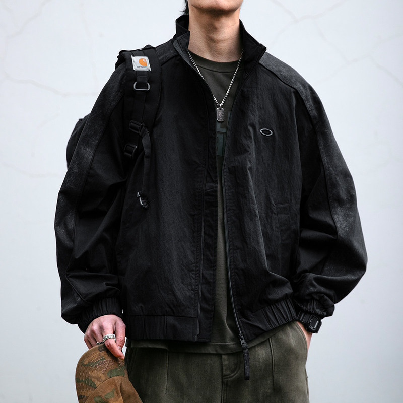 [Light Luxury Sports] American Trendy Brand Patchwork Textured Stand-Collar Jacket for Men, New Spring Style Loose Casual Outerwear