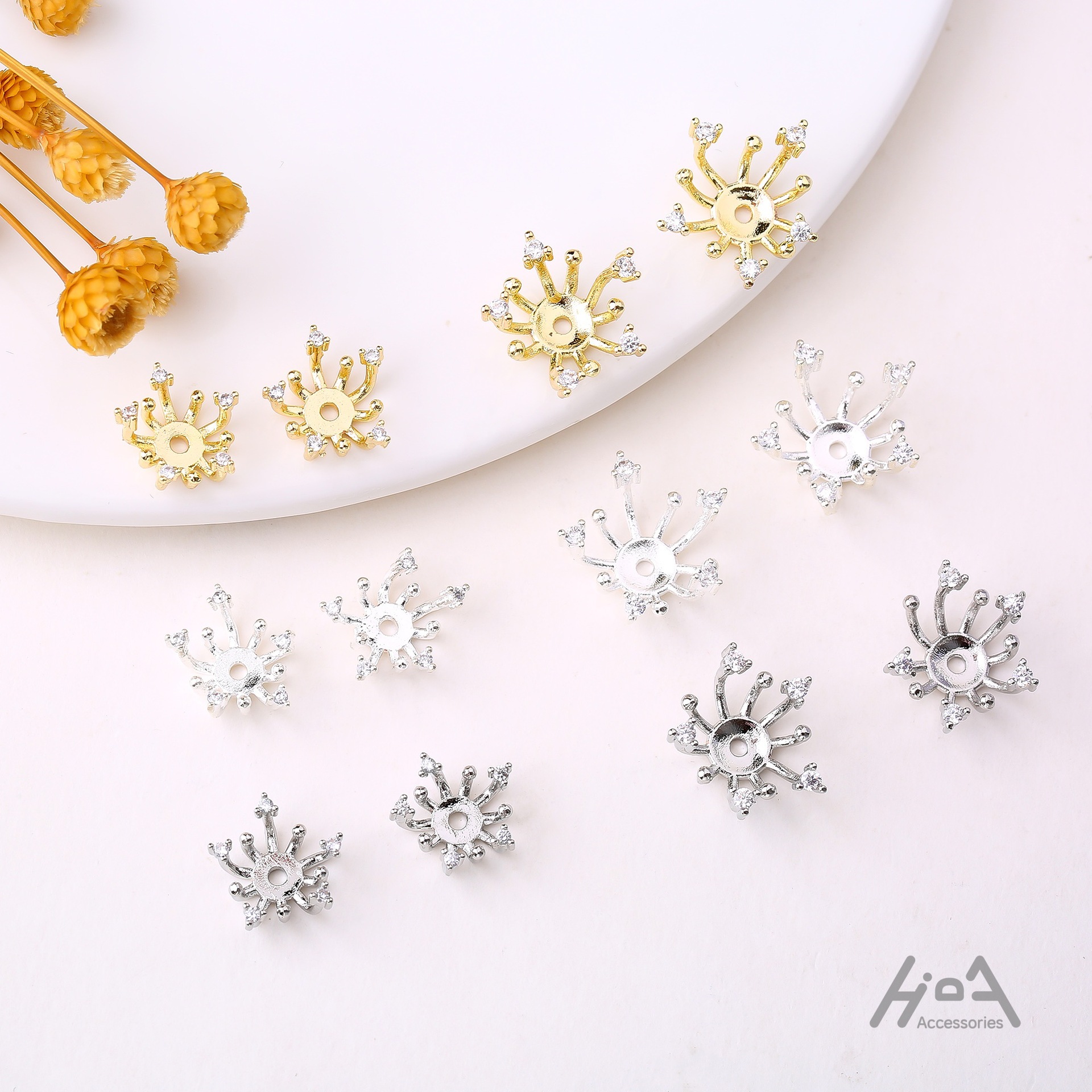 铜镀保色14k包金微镶锆石花芯花蕊胸针花托发簪头饰diy饰品配件