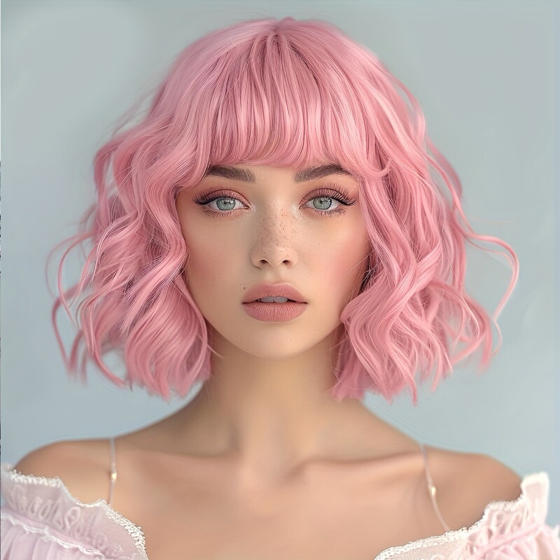 Amazon's Best-Selling Pink Bob Wig with Bangs for Women, Short Pastel Pink Wavy Wig