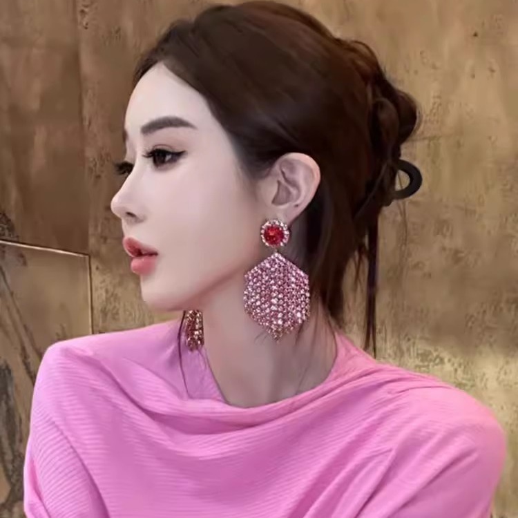 娇娇同款几何玫红色耳钉粉色水钻流苏钻链夸张耳环欧美显脸瘦耳坠
