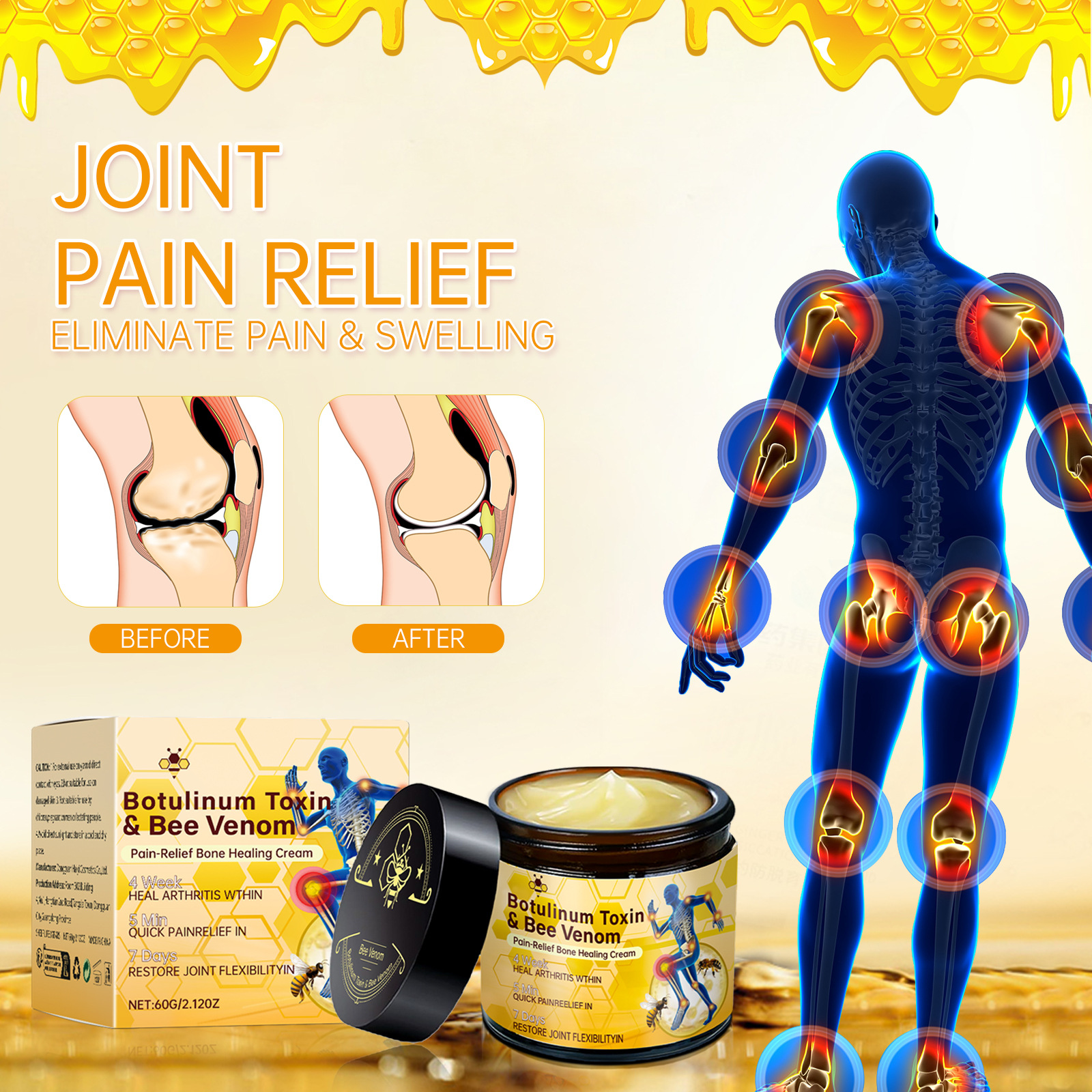 Ostación externa de Amazon TK transfronteriza para aliviar las molestias, masaje corporal, crema nutritiva y suave para articulaciones de veneno de abeja 60g