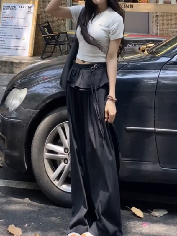 甜酷辣妹美式风花边工装休闲裤女夏季设计感黑色宽松显瘦阔腿裤子|undefined