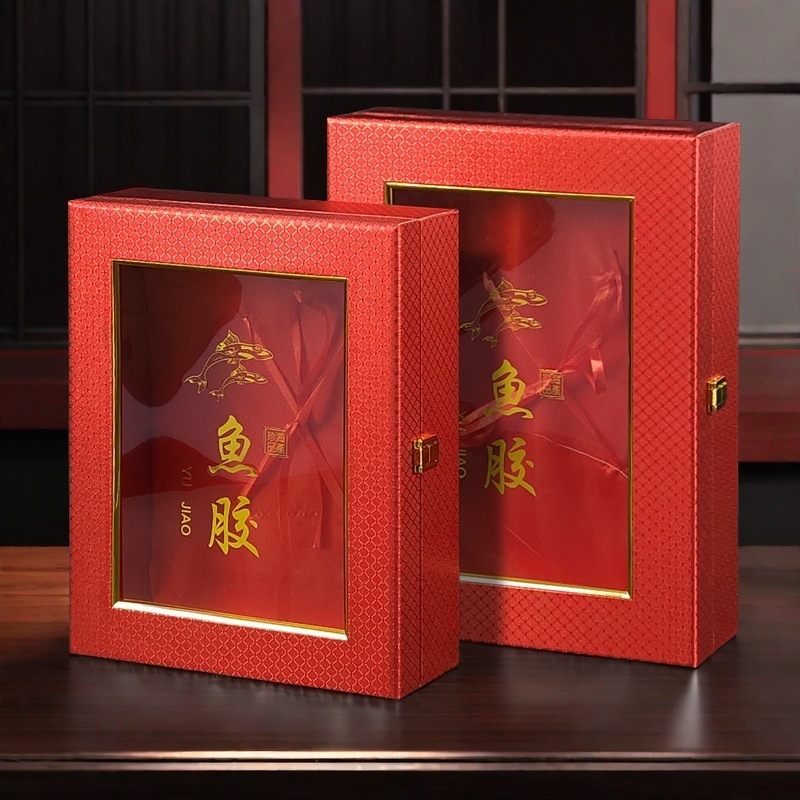 鱼胶高档包装盒新款展示盒长方开窗花胶红色格纹礼品盒木盒空盒子