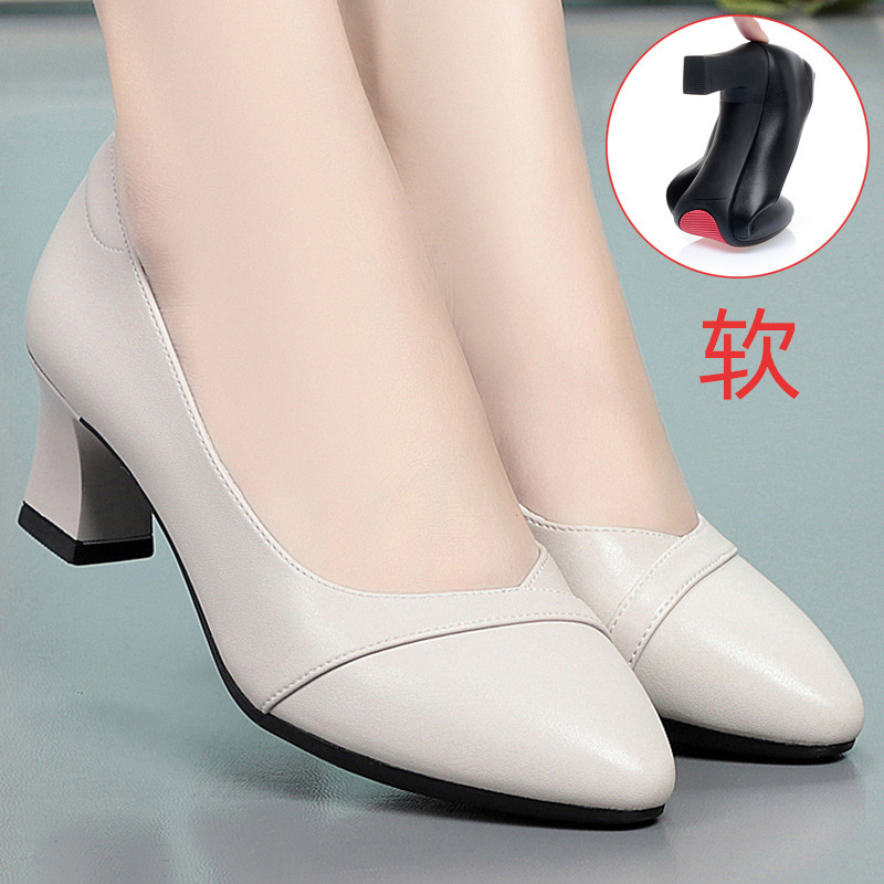 Flight Attendant Long Standing Soft-Soled Genuine Leather Shoes for Women Black Shoes Women's Shoes High Heels Thick Heels Professional White Women's Leather Shoes