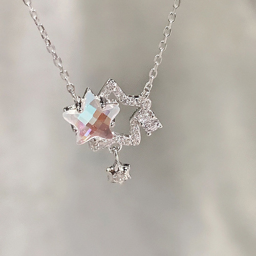 Titanium steel fashionable temperament five-pointed star rhinestone necklace for women, colorful titanium steel ultra-bright zirconia tassel pendant choker