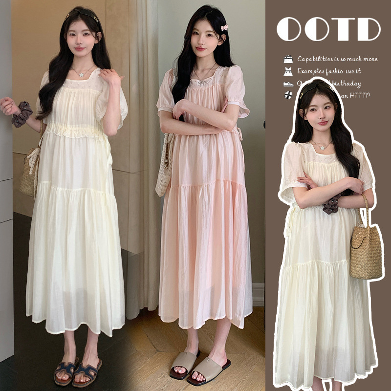 2025 New Summer Style French Square Collar Slim Mid-Length Short-Sleeved Dress