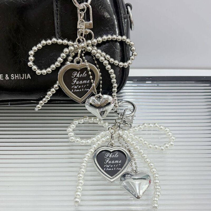 Ins Style Silver Bead Bow Bag Accessories Pendant High-End Leather Heart Bag Hanging Personalized Key Chain Pendant