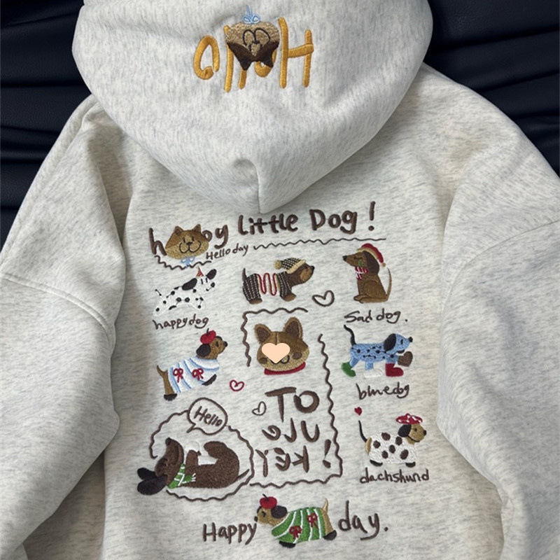 ヘビー刺繍子犬スウェットシャツ女性用ベルベット厚みのあるトレンディな秋冬の新しいアメリカンルーズフード付きジャケット|undefined