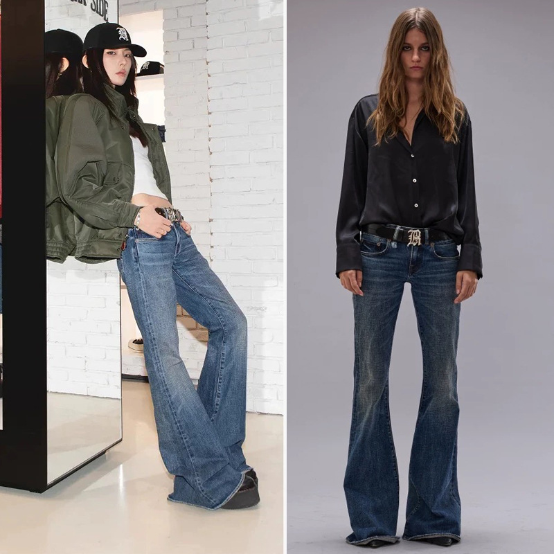 2025 Early Autumn New European and American R/13 Same Style Dark Blue Nostalgic Mid-Low Waist Elastic Large Flared Denim Pants for Women