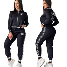 Y71536欧美女装跨境冬季新款时尚休闲气质螺纹 刺绣 拉链外套套装