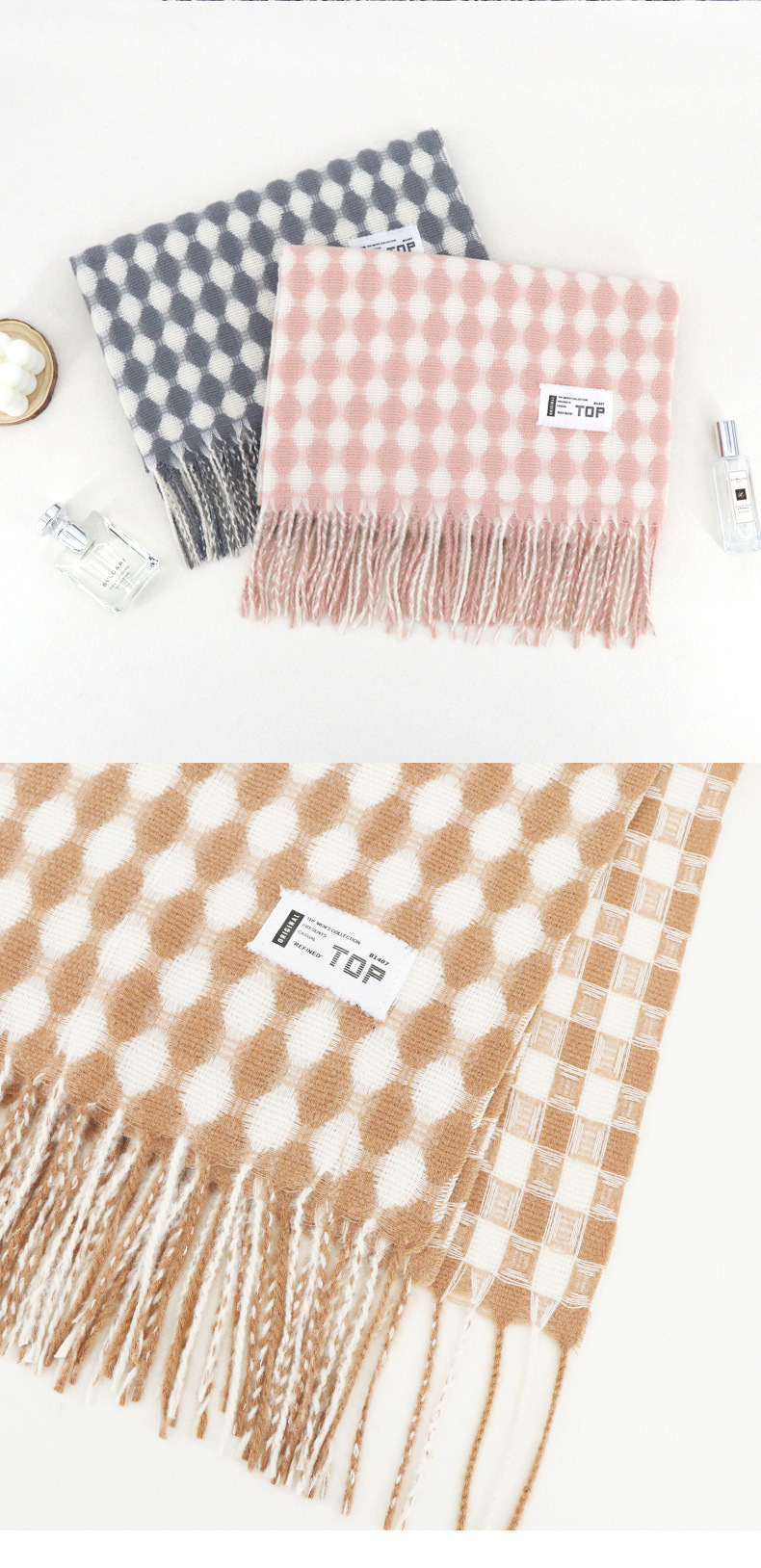 Diamantkariertes Damentuch mit einem Sinn für Luxus, Studentenschal im britischen Stil für Männer, Schal, Quastenschal_voghion.com