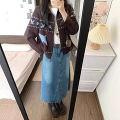 费尔岛提花翻领拉链毛衣开衫外套女秋冬季氛围感慵懒穿搭针织上衣