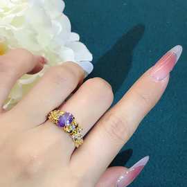 新款法式复古九紫离火紫荆花女戒指开口可调节轻奢气质百搭拉丝