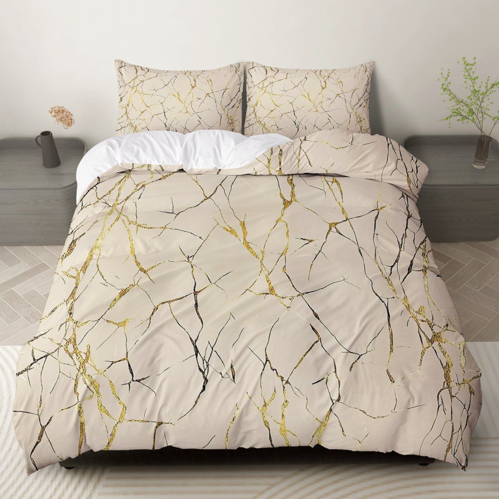 TEMU / JIT polvo oro mármol textura suave molienda impresión digital kit de colcha se puede ajustar