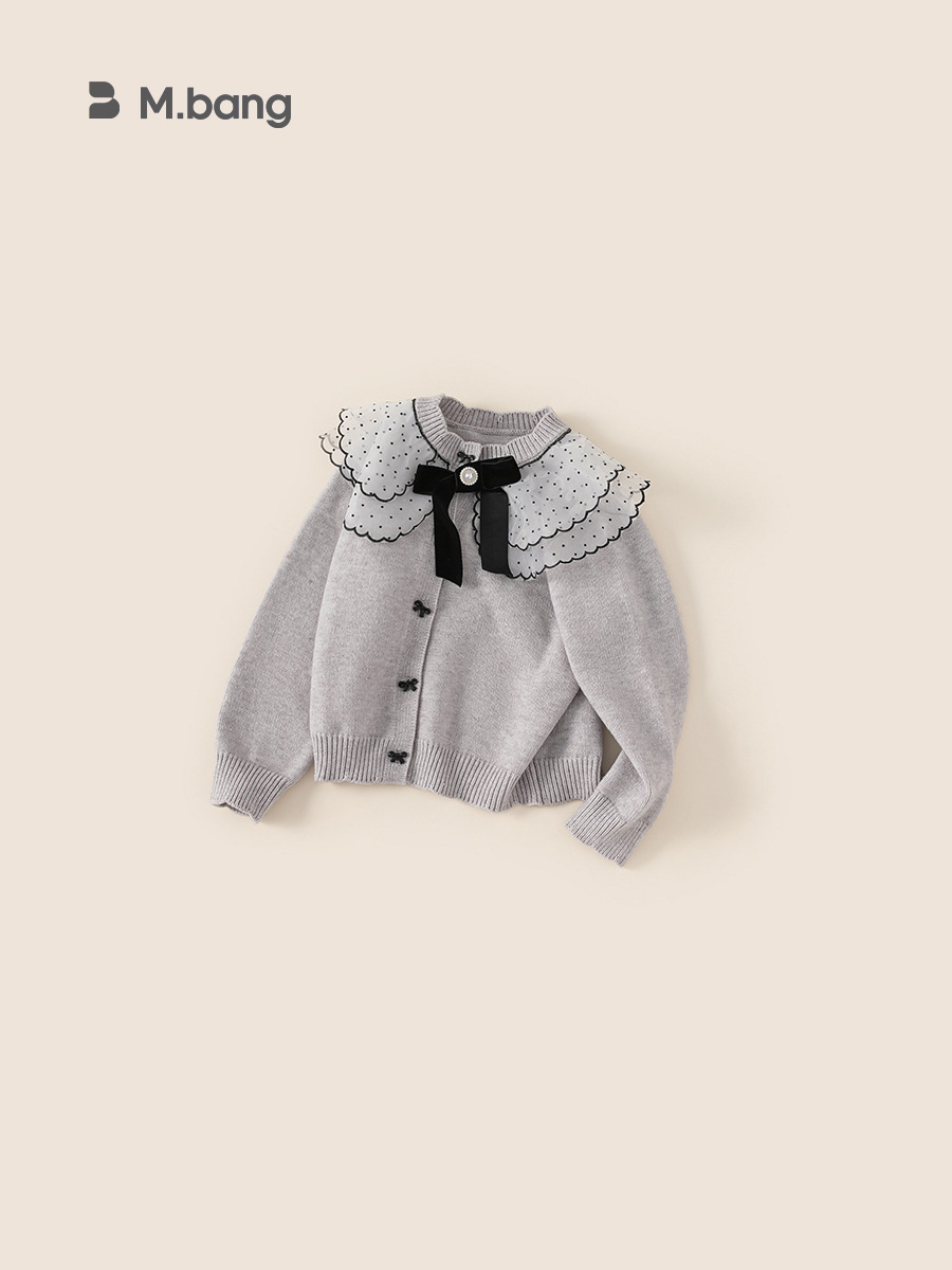 Yubao ropa infantil para niñas otoño y invierno nuevo cardigan de punto de punto para niñas arco ondulado suéter de encaje abrigo