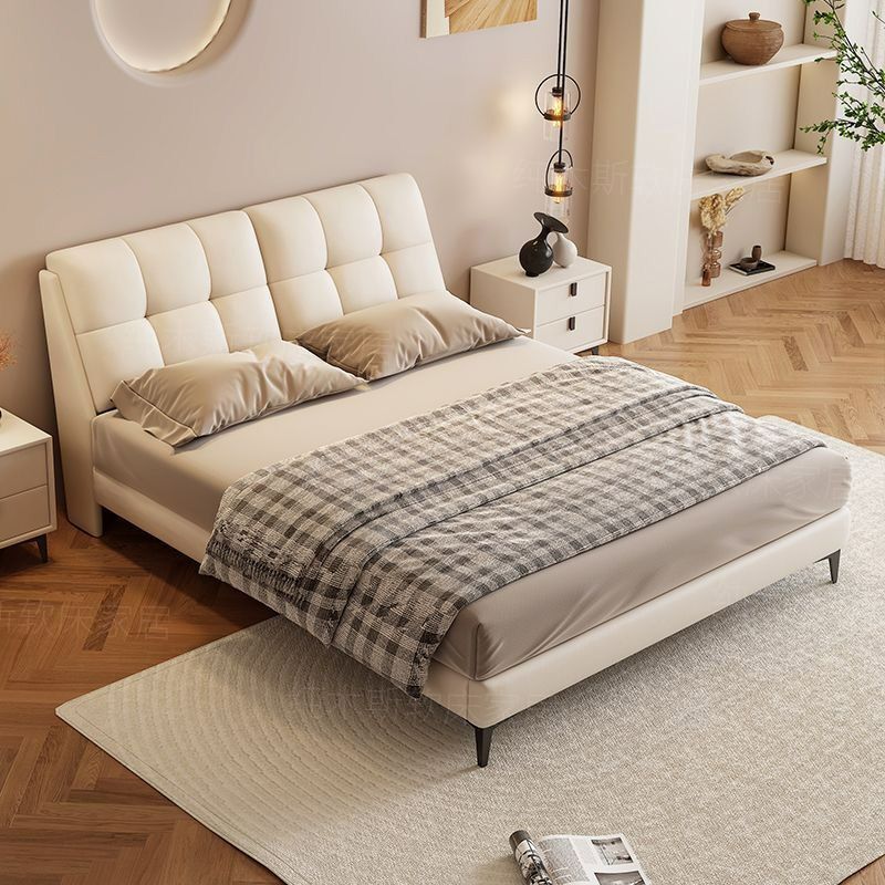 Italian minimalist style double bed for master bedroom, solid wood upholstered bed frame, small apartment single bed, leather art wedding bed Italian minimalist style double bed for master bedroom, solid wood upholstered bed frame, small apartment single bed, leather art wedding bed