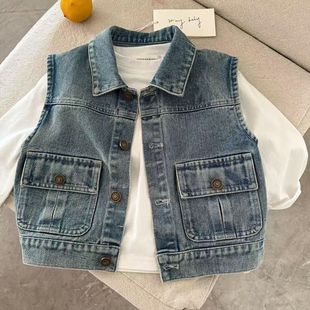 Girls' Denim Vest, New Spring and Autumn Style for Children, Stylish Outerwear Vest for Toddlers, Baby Spring and Autumn Jacket