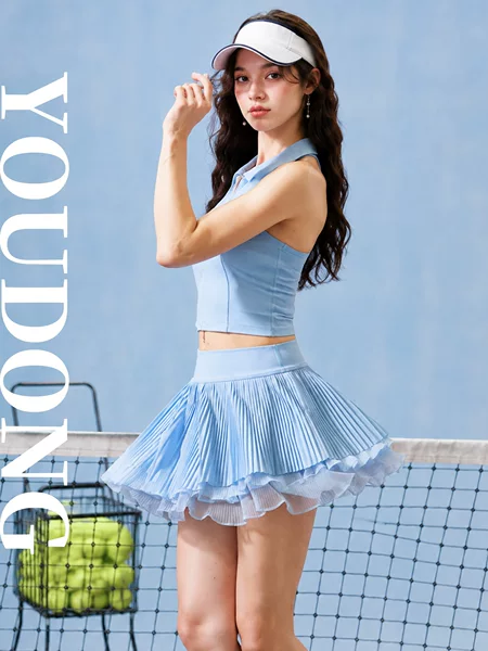 Factory direct supply: Women's pleated short skirt for sports and waltz, light blue pleated skirt with piping, slimming tennis skirt, in stock for quick delivery