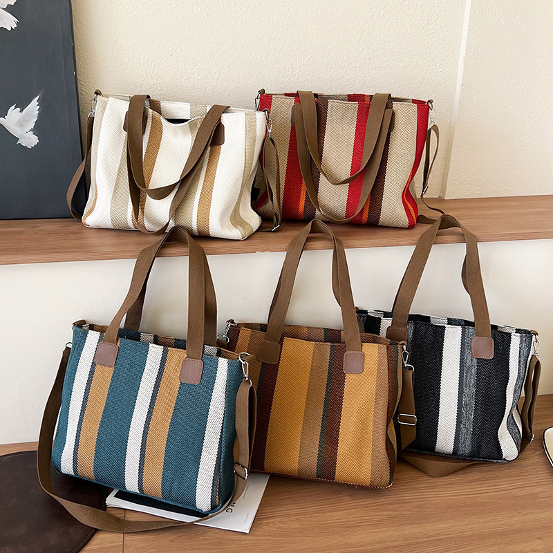 Bolso de lona bolso tote a rayas 2023 nuevo bolso de mujer bolso de mensajero de color dulce japonés de gran capacidad