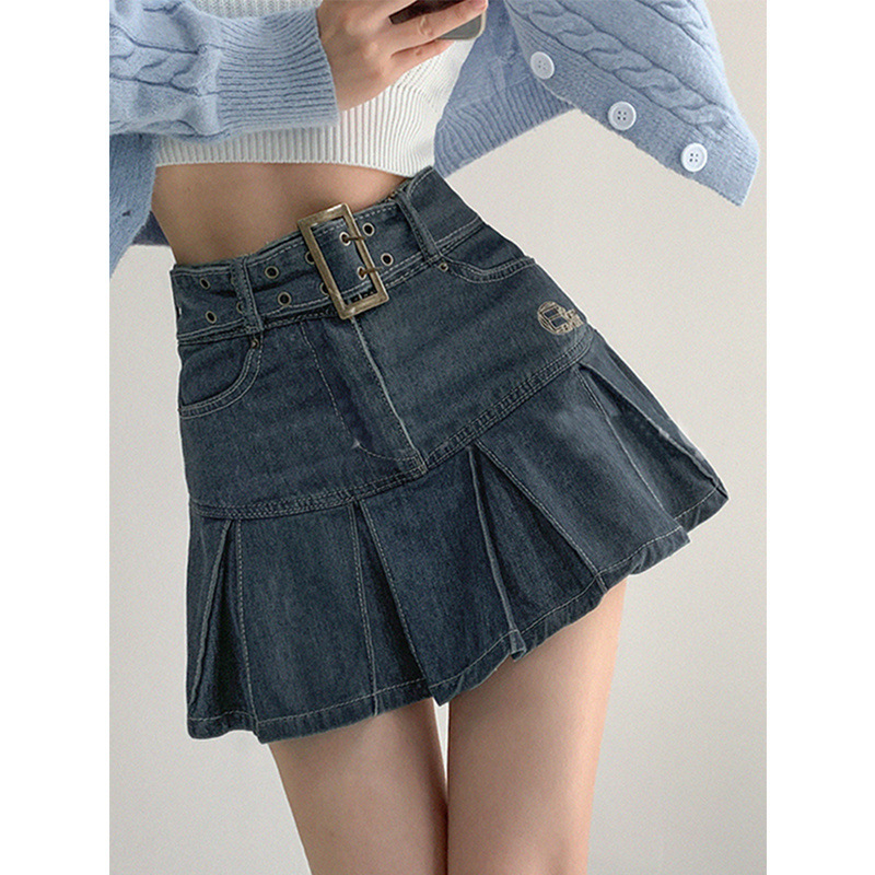 Pleated skirt Denim skirt women's A- line skirt new slimming high waist skirt retro small hot girl spring and summer