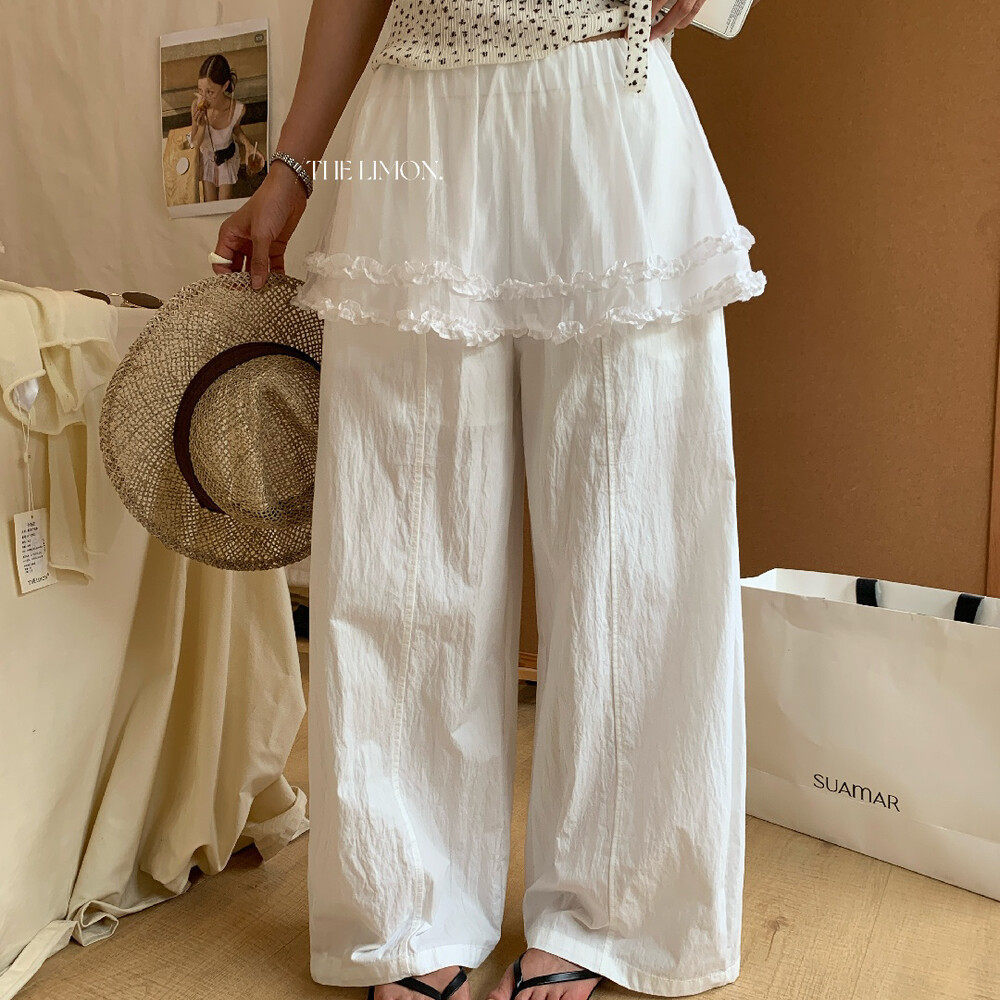 Quần culottes nữ ống rộng cạp cao phong cách Hàn Quốc, thiết kế giả hai lớp viền bèo nhún — màu trắng, màu xám, màu kaki