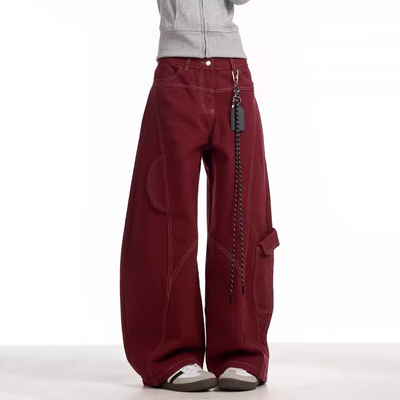 American Retro Red Topstitch Workwear Scimitar Jeans Men's Deconstructed Design Wide-Leg Pants Loose Sickle Pants American Retro Red Topstitch Workwear Scimitar Jeans Men's Deconstructed Design Wide-Leg Pants Loose Sickle Pants