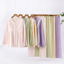 定制甜美蕾丝纯棉双层绉纱少女睡衣春秋季薄款长袖外穿家居服套装