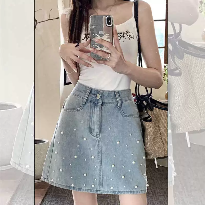 Женская джинсовая юбка больших размеров с тяжелым жемчугом, женская летняя новая короткая юбка, толстая мм, закрывает живот и выглядит стройнящей, юбка А-силуэта