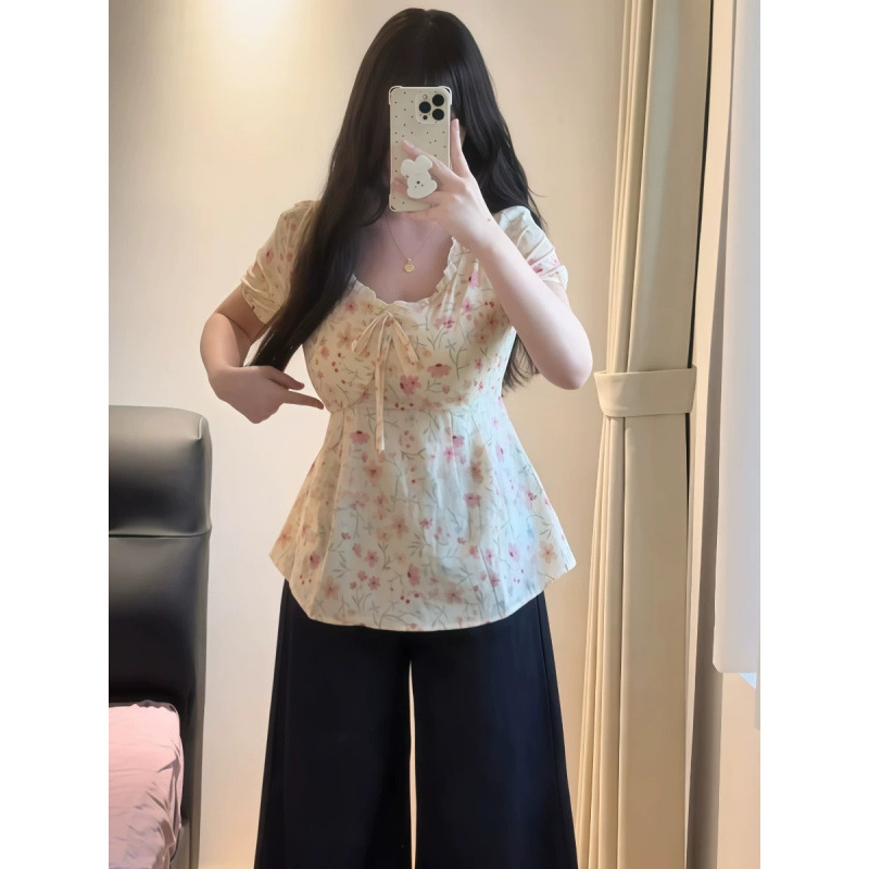 Plus-Size Women's French-Style Pure Desire Design Floral V-Neck Shirt for Summer, Slimming and Age-Reducing Tie-Up Top for Chubby Women Plus-Size Women's French-Style Pure Desire Design Floral V-Neck Shirt for Summer, Slimming and Age-Reducing Tie-Up Top for Chubby Women