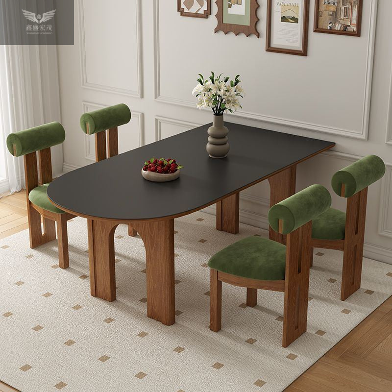 Mesa y silla de comedor de madera sólida medieval, mesa de comedor retro francesa, mesa de comedor de isla semidonda, mesa de comedor contra la pared