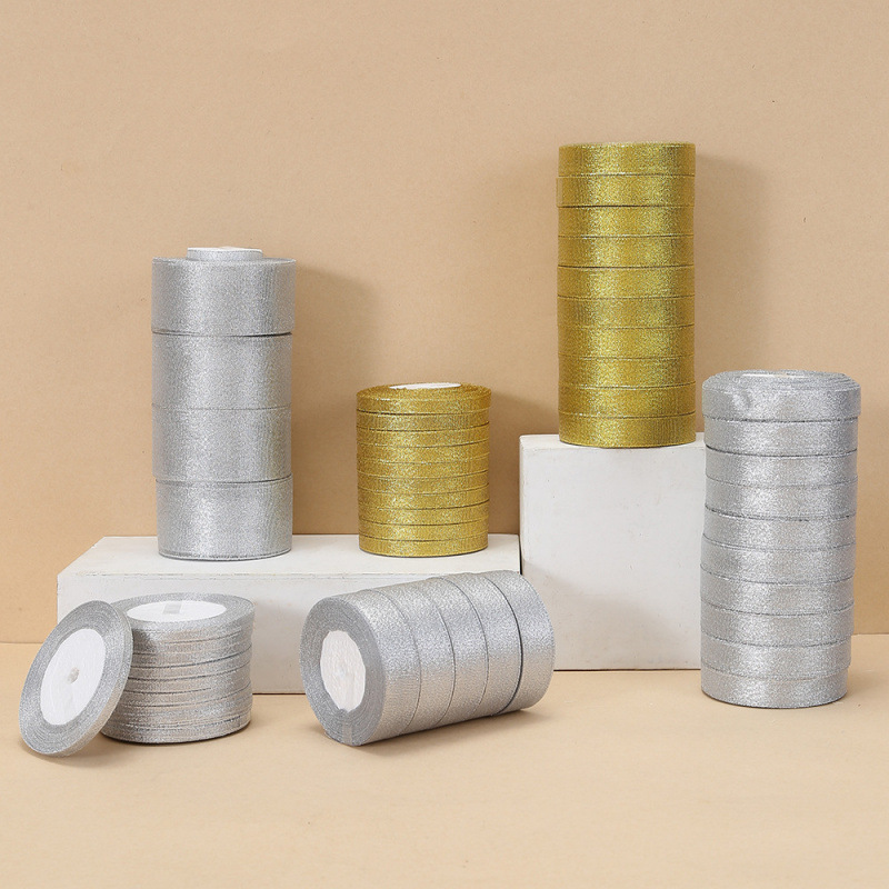 Glitter Ribbon 0.6-5cm Silver Onion Ribbon Baking Cake Box Packaging Ribbon Bow Gold and Silver Ribbon Ready Stock