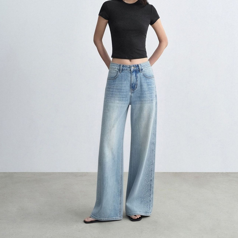 Korean-Style Starry Sky Rhinestone Sparkling Jeans for Women, 2026 Summer New Trendy Versatile Narrow Wide-Leg Pants Ins