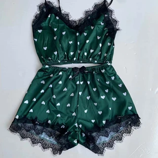 厂家直销欧美外贸 爱心夏季睡衣套装抹胸蕾丝冰丝吊带裙家居服爱
