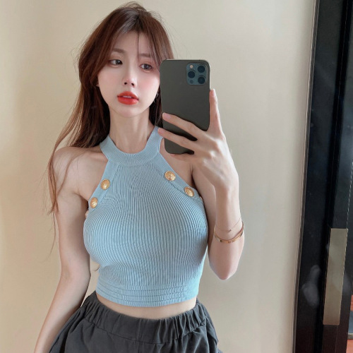 Knitted Halter Neck Camisole Women's  Summer Blue Thin Slim Sexy Outer Wear Bottoming Shirt Trendy Top