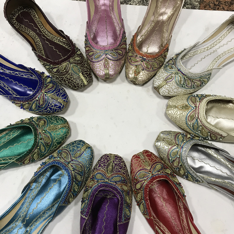 印度手工女鞋巴基斯坦鞋子透气女鞋绣花鞋平底单鞋印结婚印花绿色